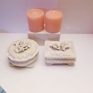 2 Vintage Rose Trinket Boxs and 2 Candles